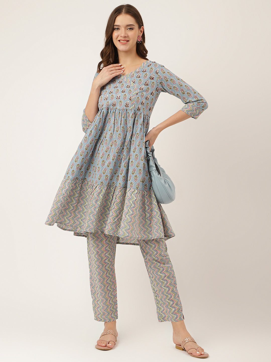 Sky Blue Hand Block Floral Print Cotton Kurta, Trouser