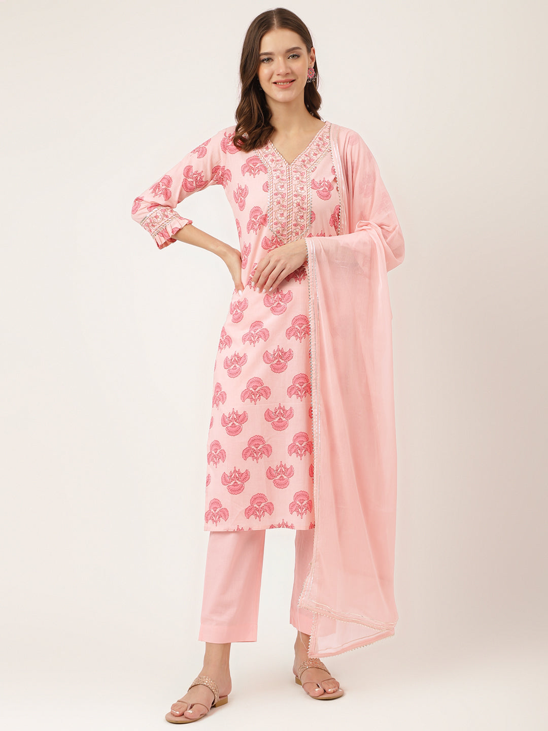 Pink Floral Print Cotton  Kurta, Trouser & Dupatta