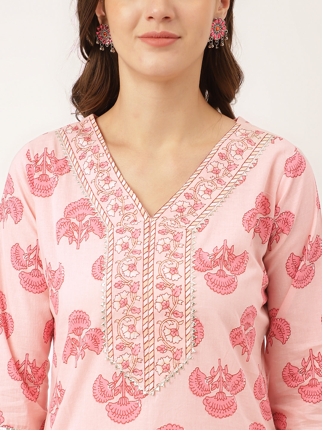 Pink Floral Print Cotton  Kurta, Trouser & Dupatta