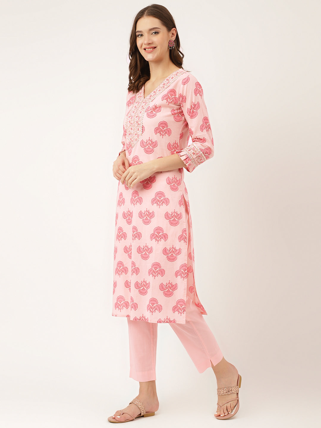 Pink Floral Print Cotton  Kurta, Trouser & Dupatta