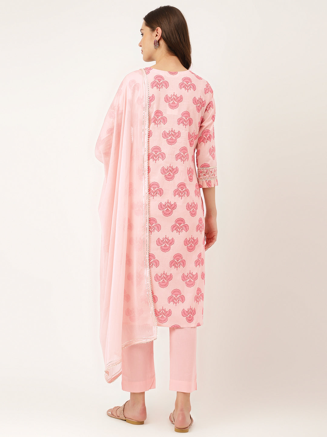 Pink Floral Print Cotton  Kurta, Trouser & Dupatta