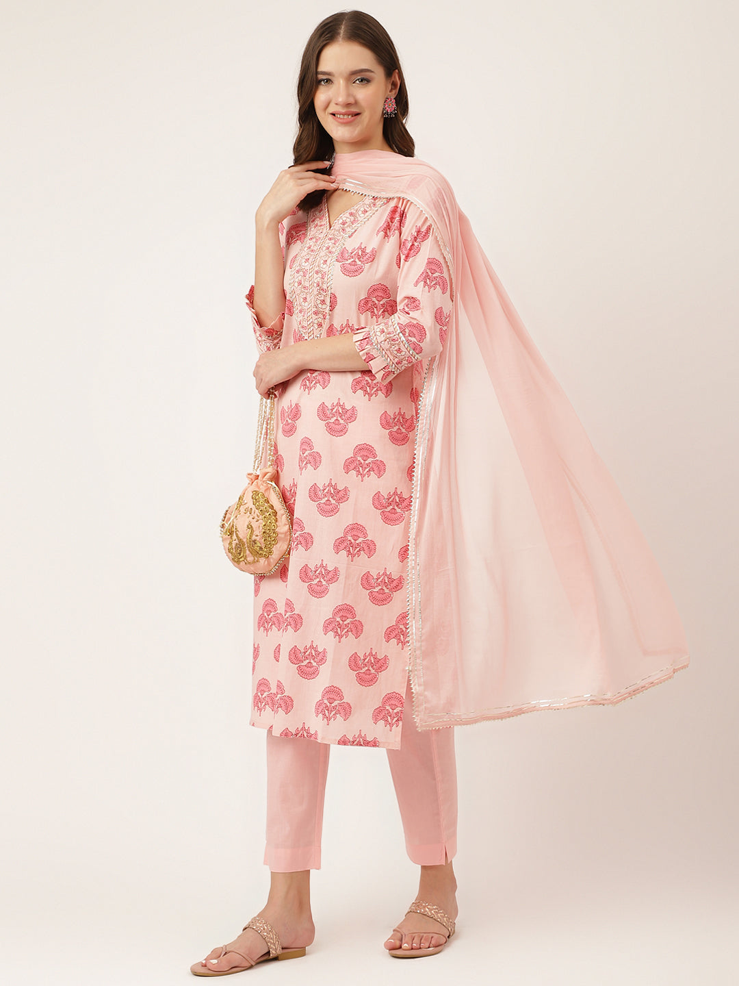 Pink Floral Print Cotton  Kurta, Trouser & Dupatta