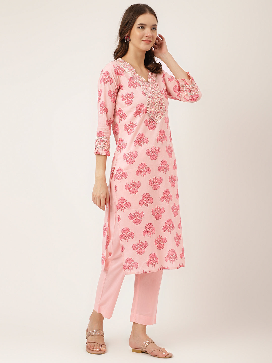 Pink Floral Print Cotton  Kurta, Trouser & Dupatta