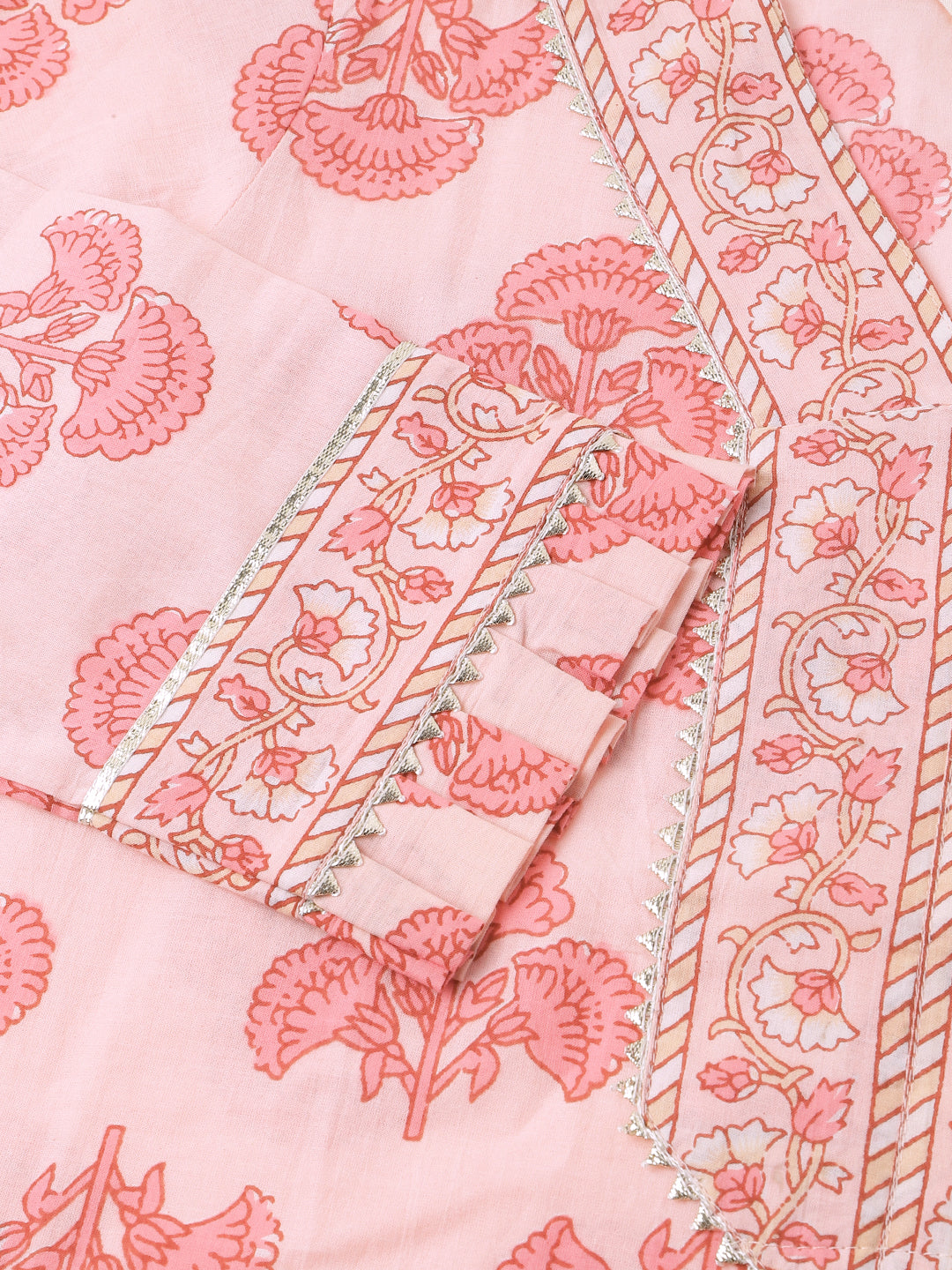 Pink Floral Print Cotton  Kurta, Trouser & Dupatta