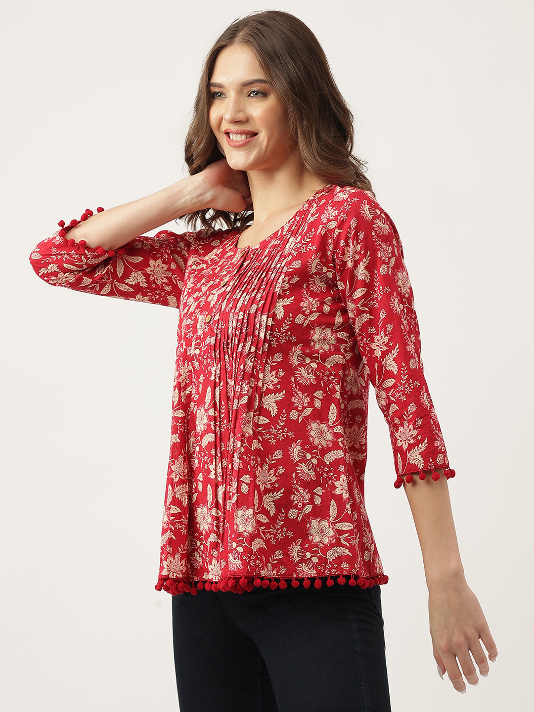 Red Floral Printed Cotton Peplum Top