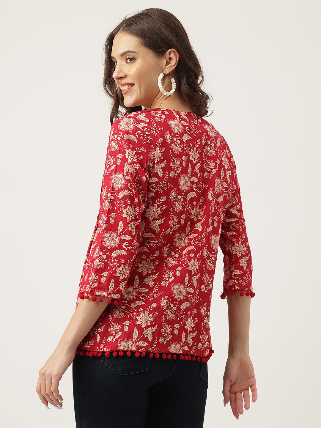 Red Floral Printed Cotton Peplum Top