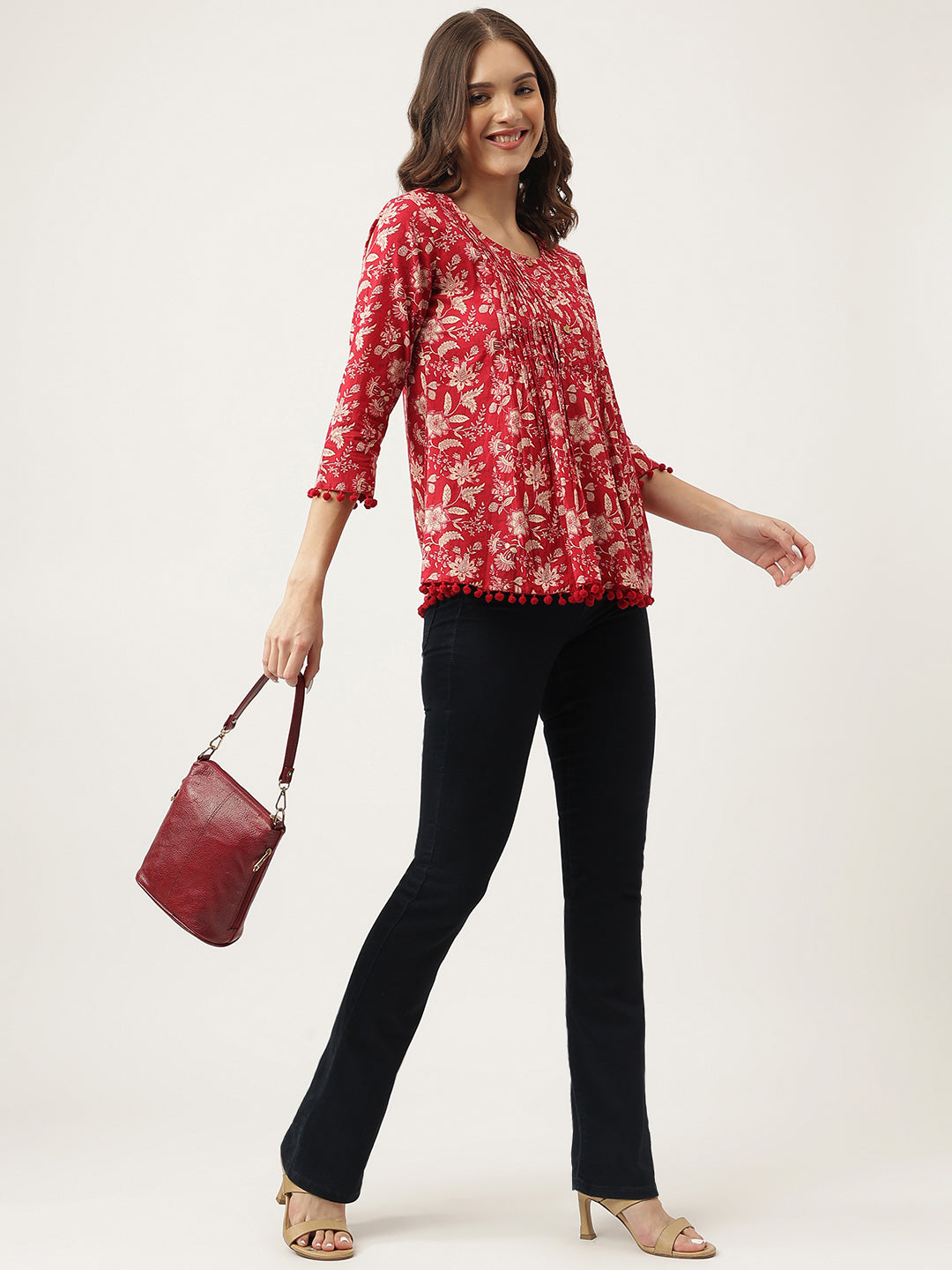 Red Floral Printed Cotton Peplum Top