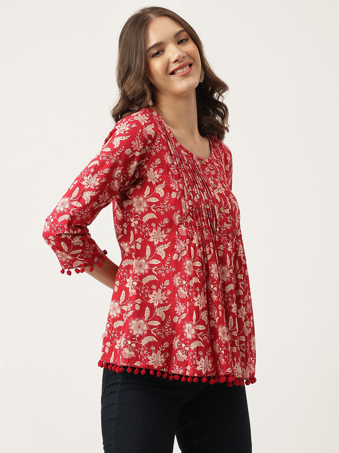 Red Floral Printed Cotton Peplum Top