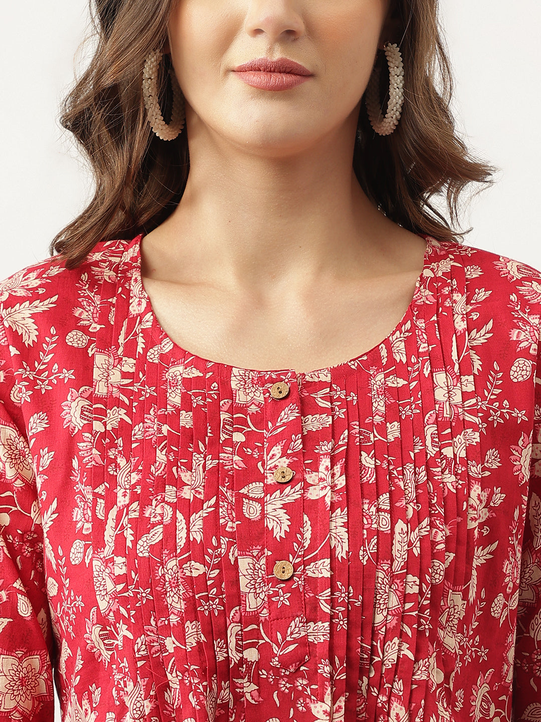 Red Floral Printed Cotton Peplum Top