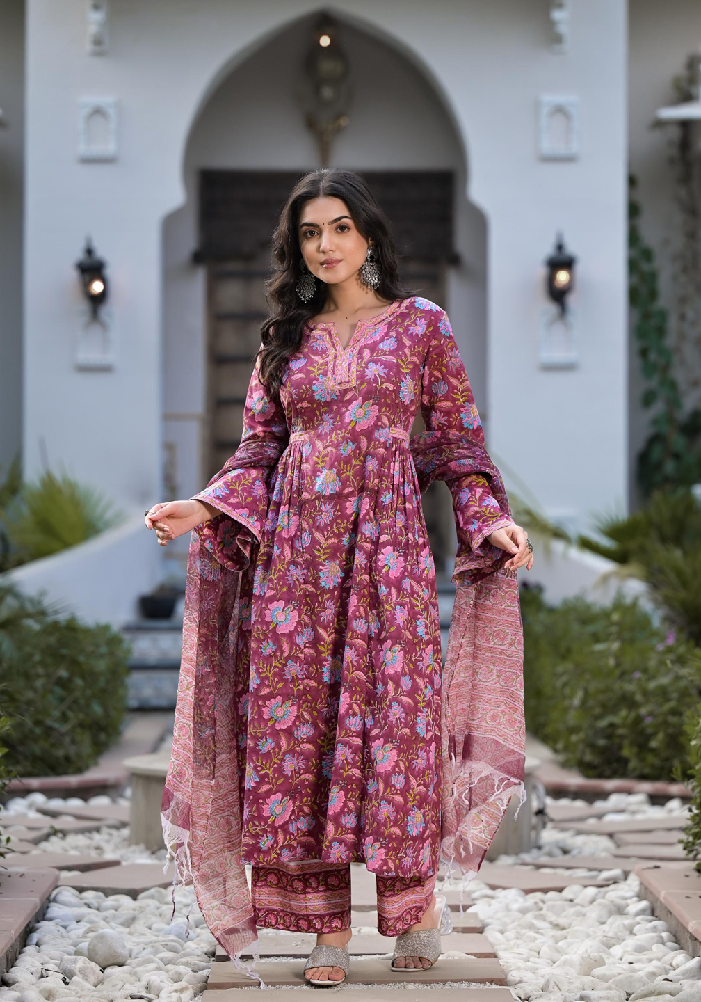 Magenta Hand Block Floral Printed Cotton Kurta Set