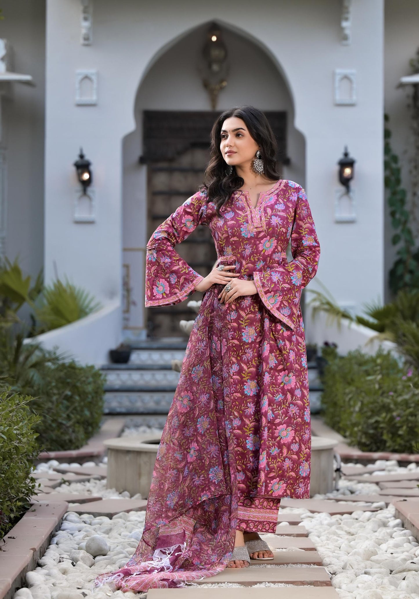 Magenta Hand Block Floral Printed Cotton Kurta Set