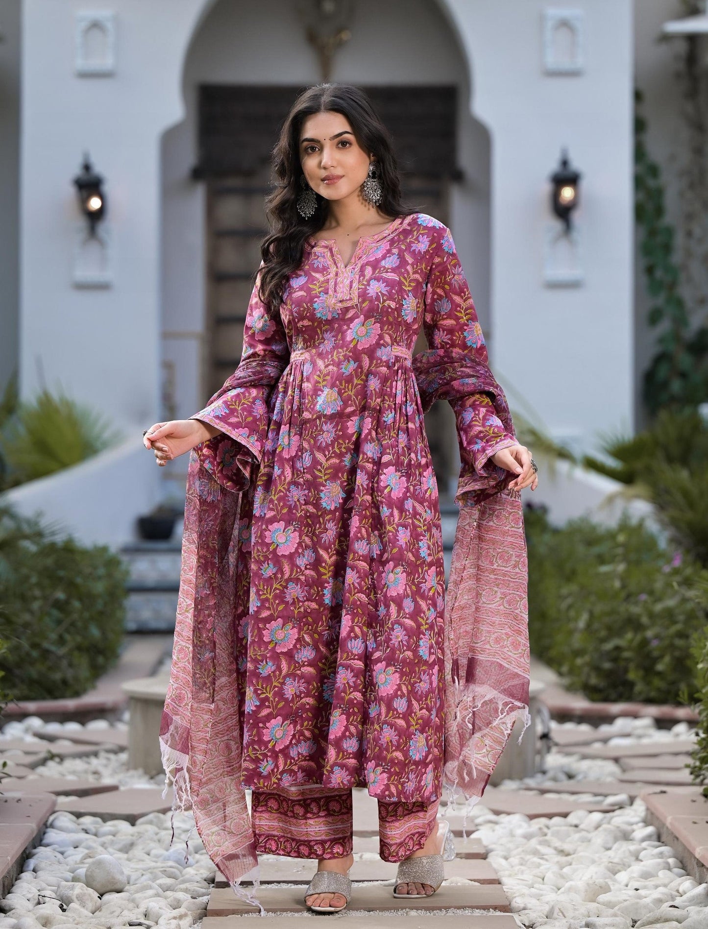 Magenta Hand Block Floral Printed Cotton Kurta Set