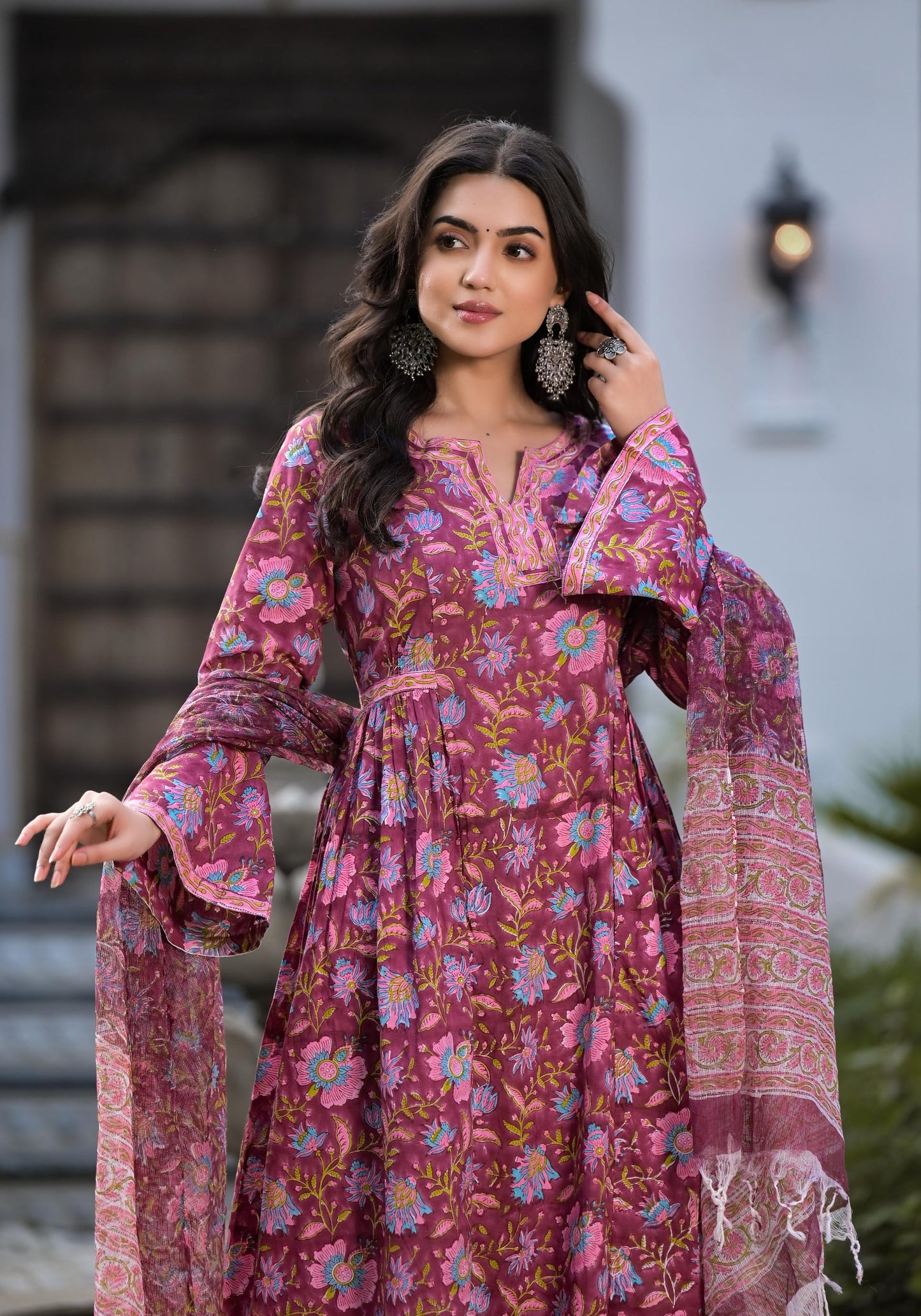 Magenta Hand Block Floral Printed Cotton Kurta Set