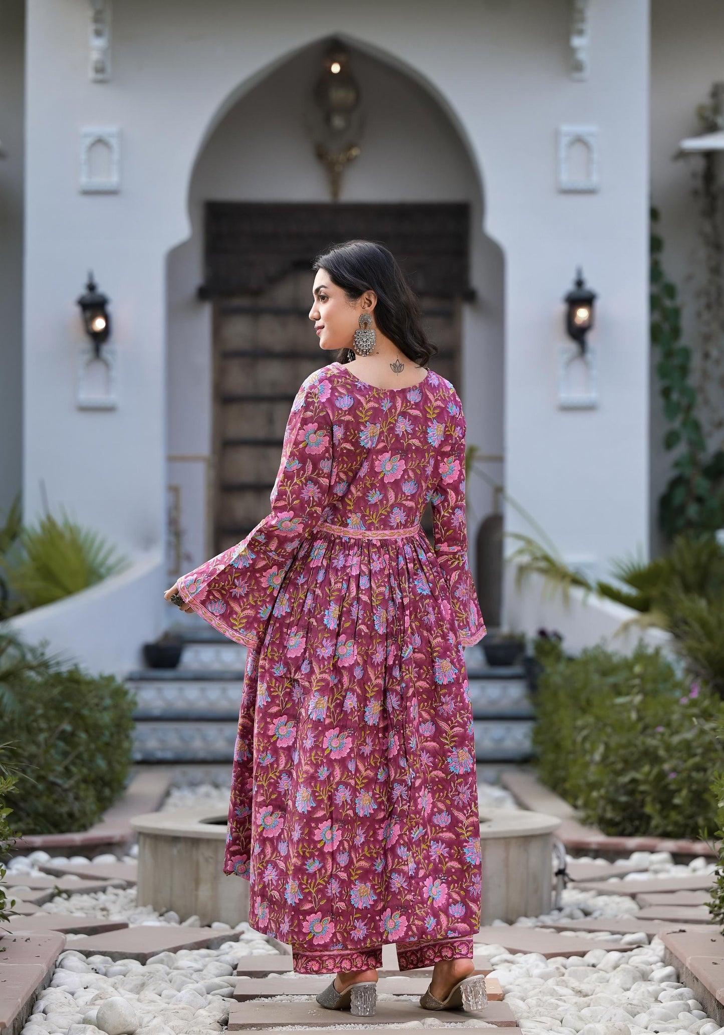 Magenta Hand Block Floral Printed Cotton Kurta Set