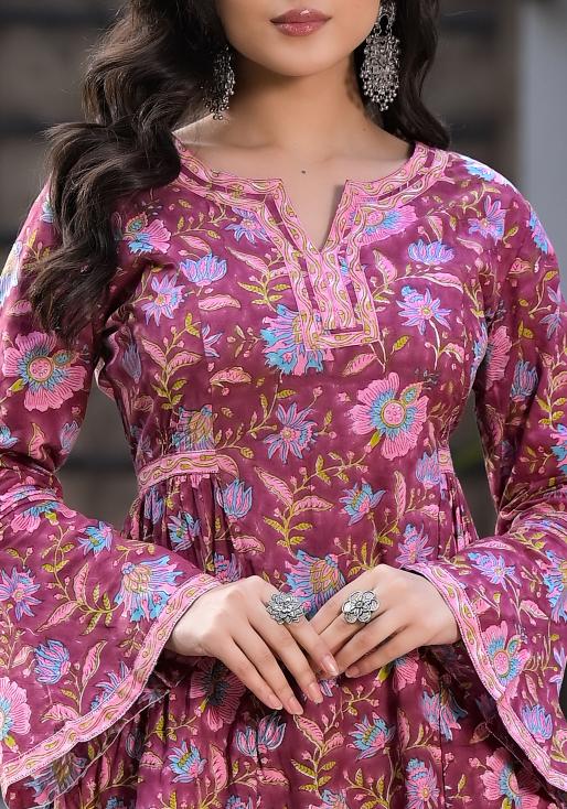 Magenta Hand Block Floral Printed Cotton Kurta Set