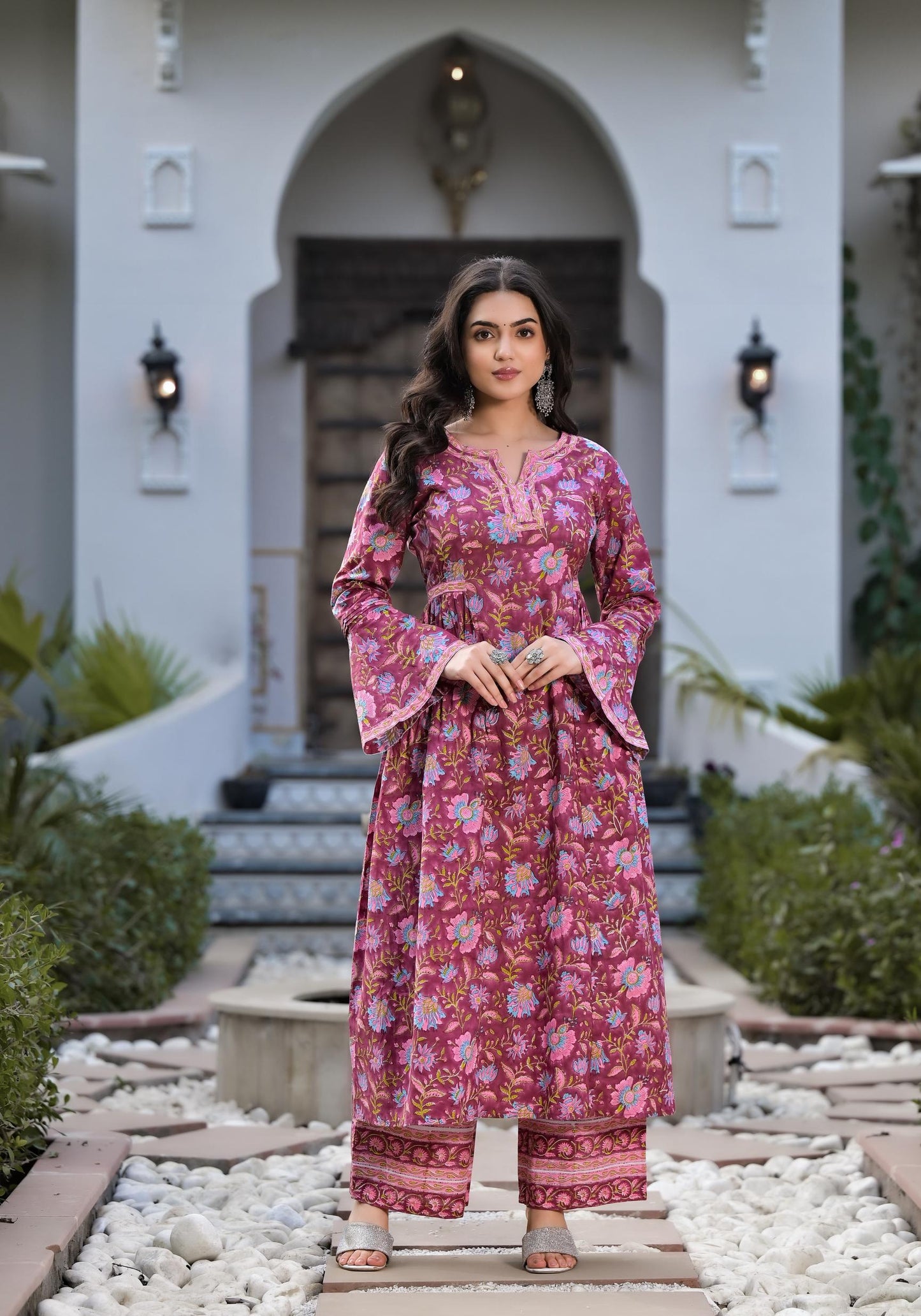 Magenta Hand Block Floral Printed Cotton Kurta Set