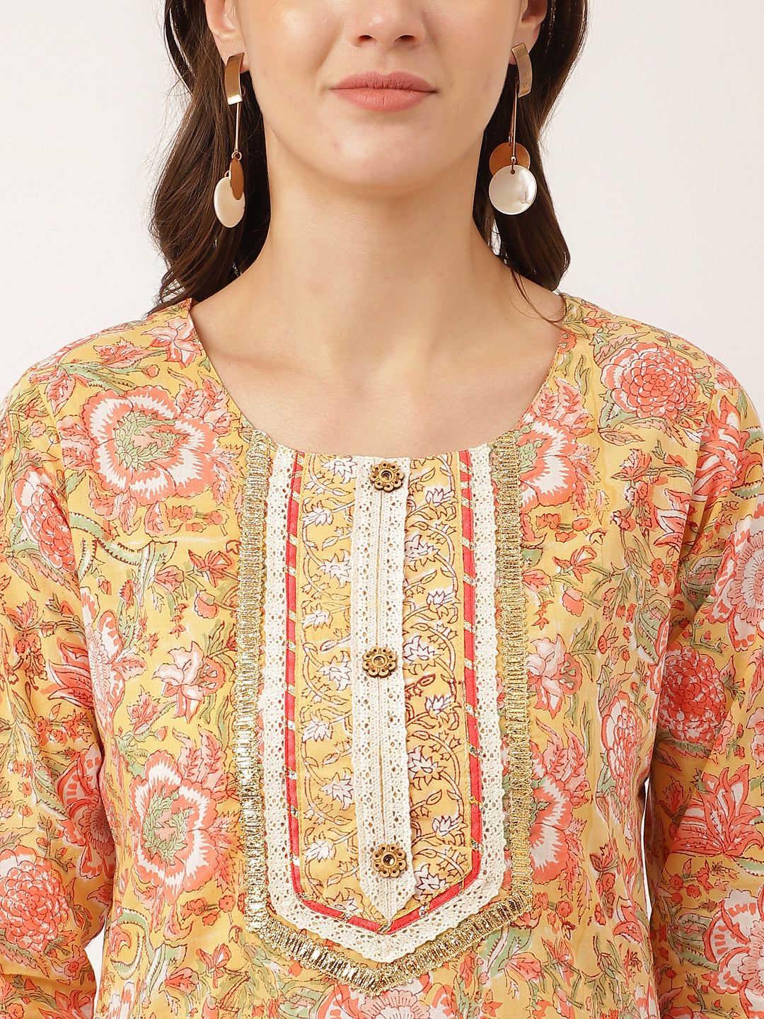 Yellow Hand Block Floral Print Cotton  Kurta, Trouser With Dupatta