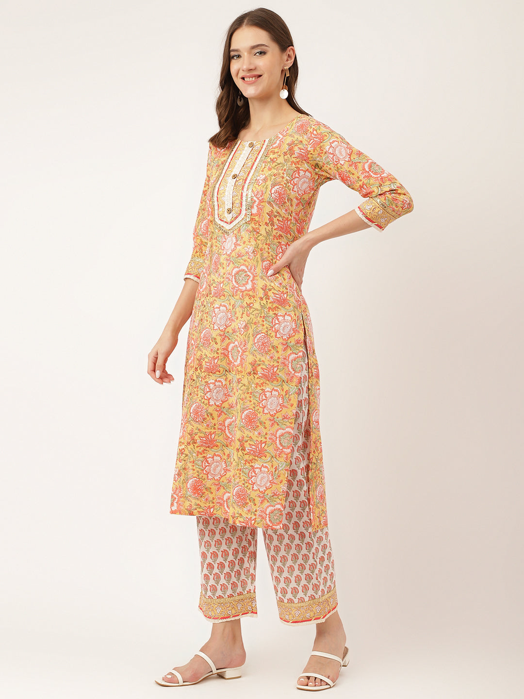 Yellow Hand Block Floral Print Cotton  Kurta, Trouser With Dupatta