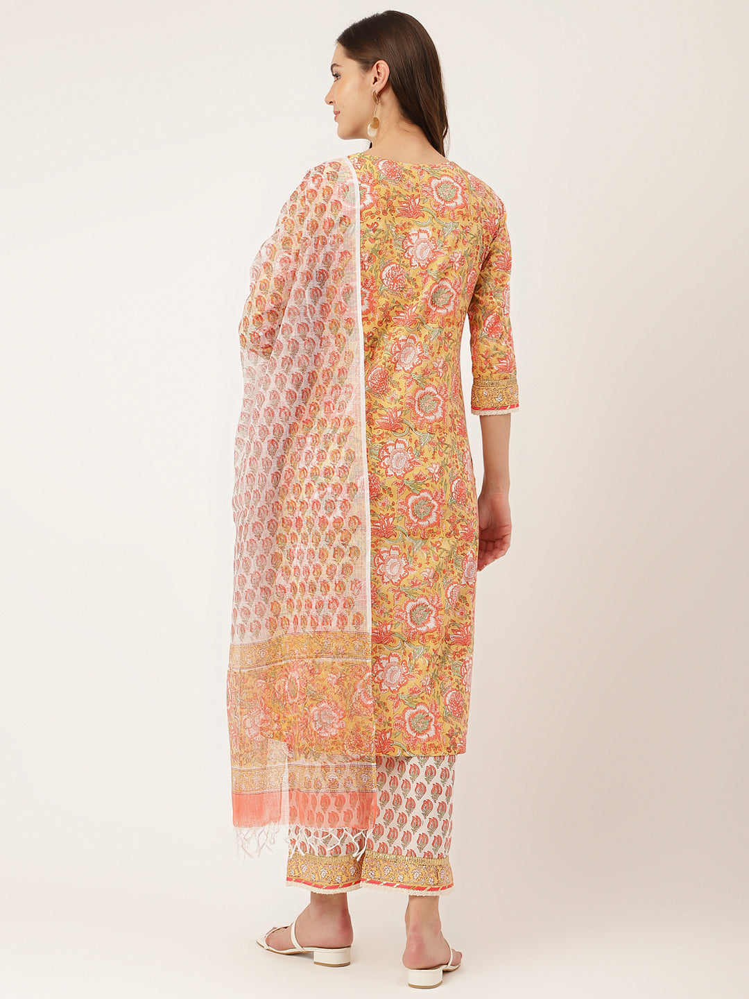 Yellow Hand Block Floral Print Cotton  Kurta, Trouser With Dupatta