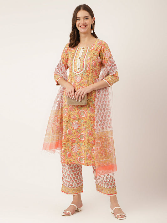 Yellow Hand Block Floral Print Cotton  Kurta, Trouser With Dupatta