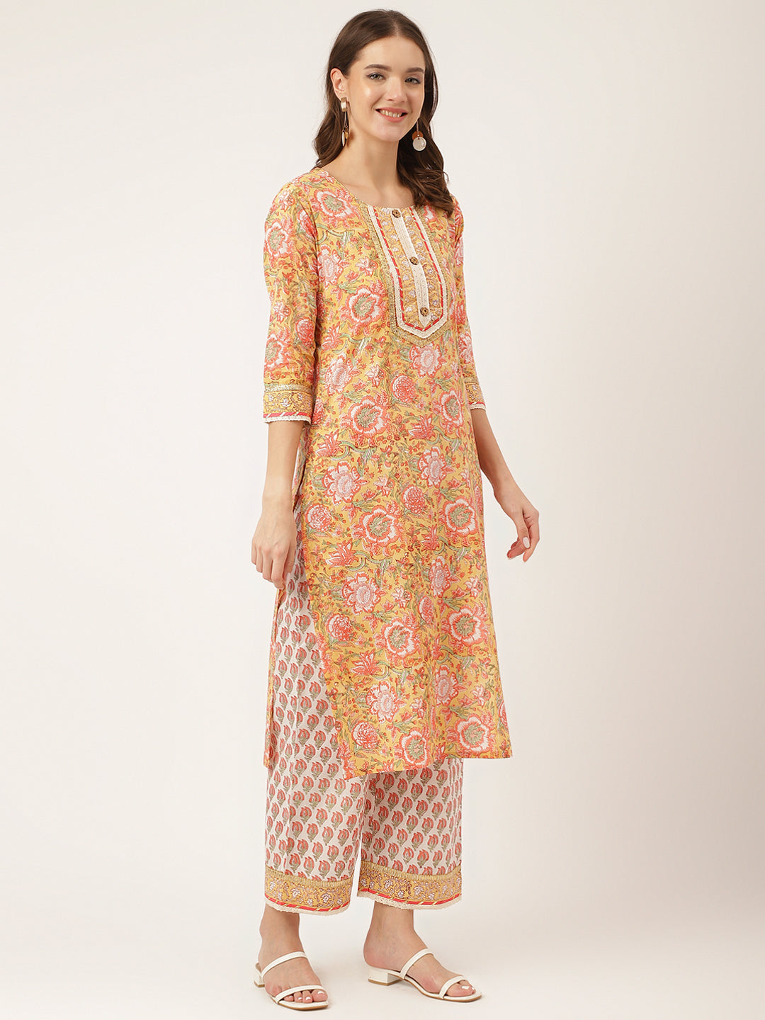 Yellow Hand Block Floral Print Cotton  Kurta, Trouser With Dupatta