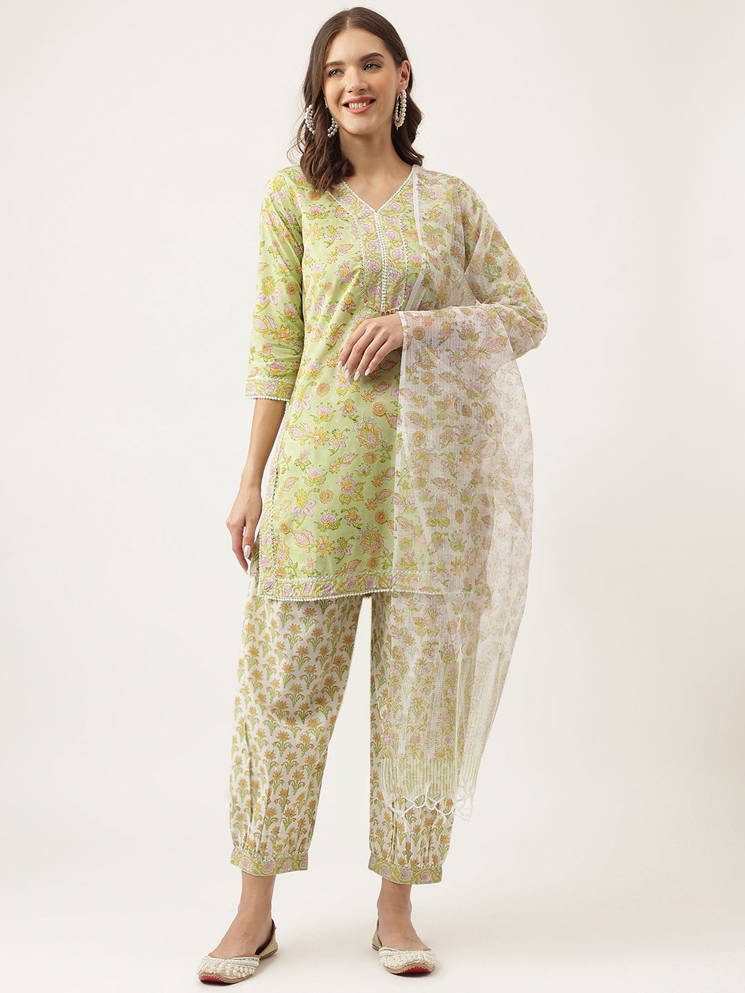 Green Floral Printed Cotton Straight Short Kurta, trousers with Dupatta Set