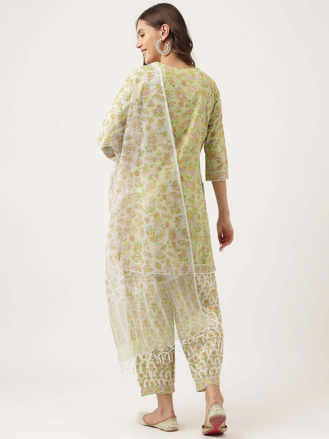 Green Floral Printed Cotton Straight Short Kurta, trousers with Dupatta Set