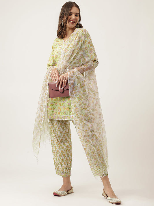 Green Floral Printed Cotton Straight Short Kurta, trousers with Dupatta Set