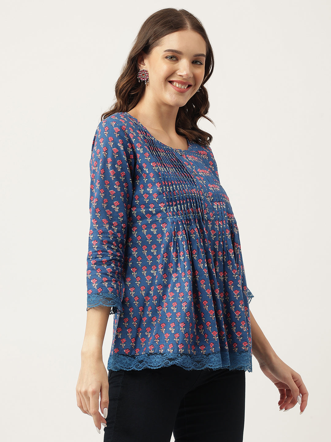 Navy Blue Floral Printed Cotton Peplum Top