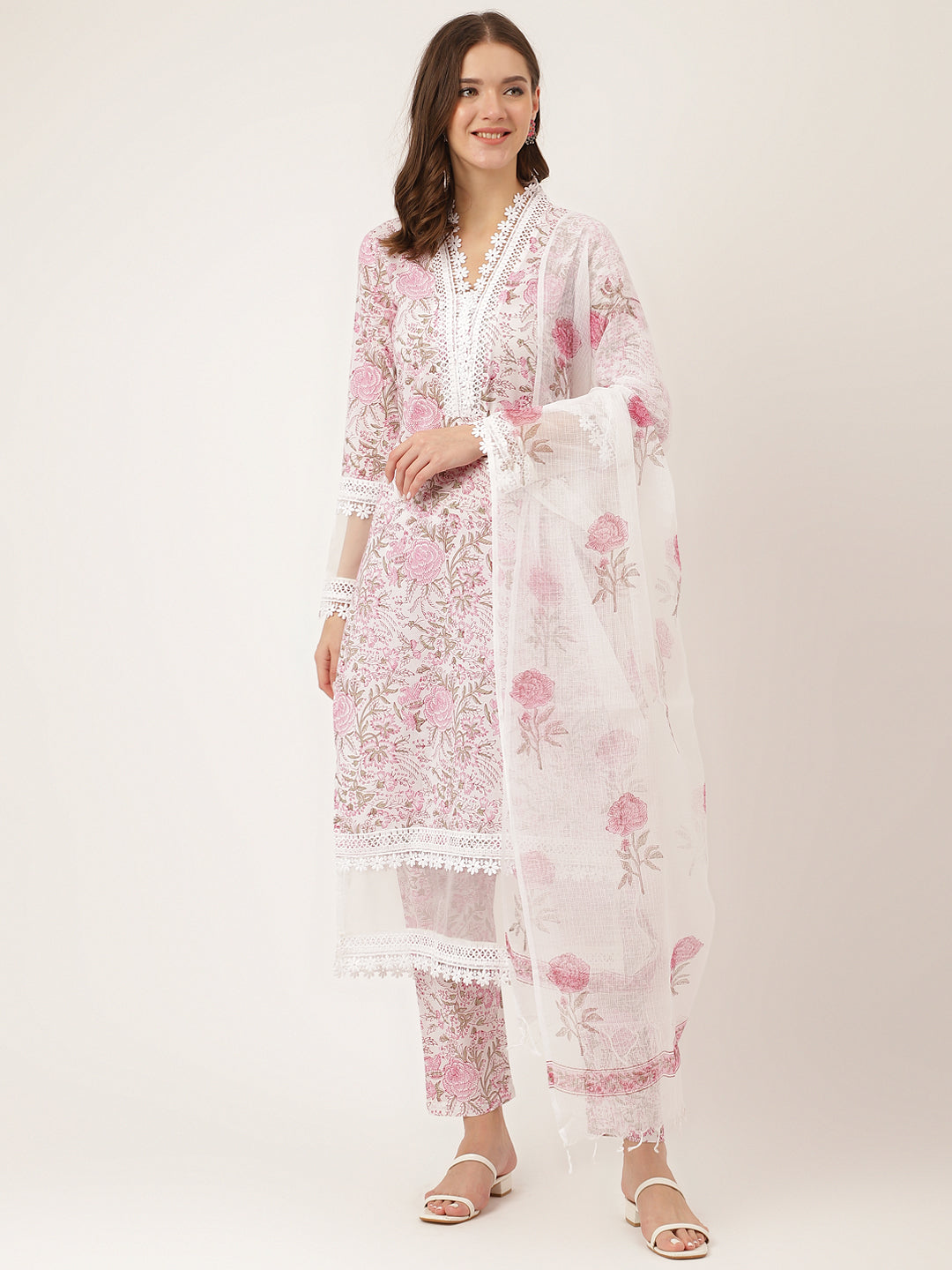 White Hand Block Floral Print Cotton  Kurta, Trouser & Dupatta