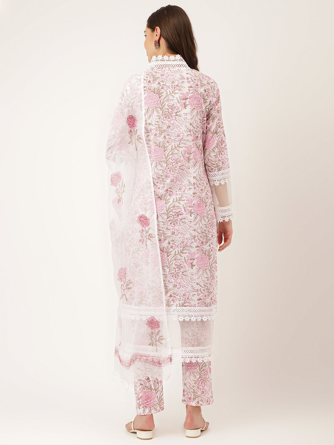 White Hand Block Floral Print Cotton  Kurta, Trouser & Dupatta