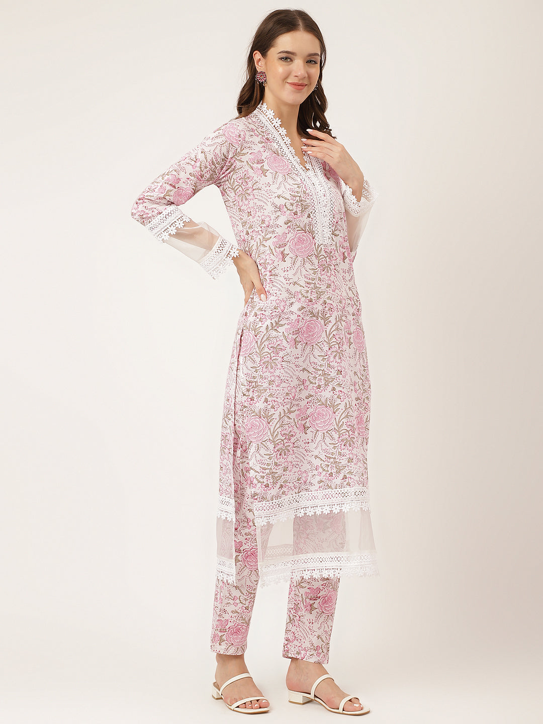 White Hand Block Floral Print Cotton  Kurta, Trouser & Dupatta