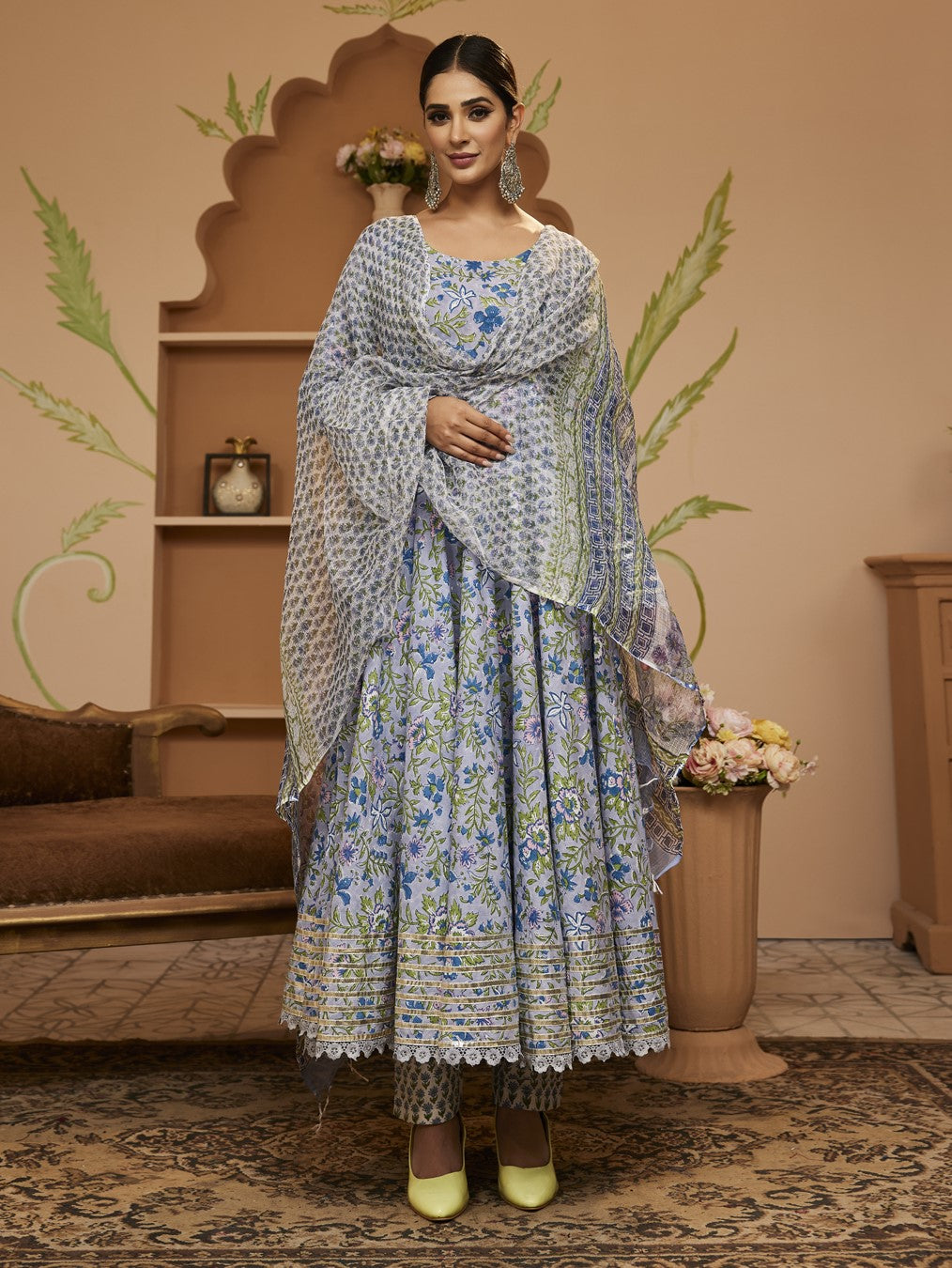 Handblock Floral Printed Blue Anarkali Cotton Kurta With Trousers & Dupatta