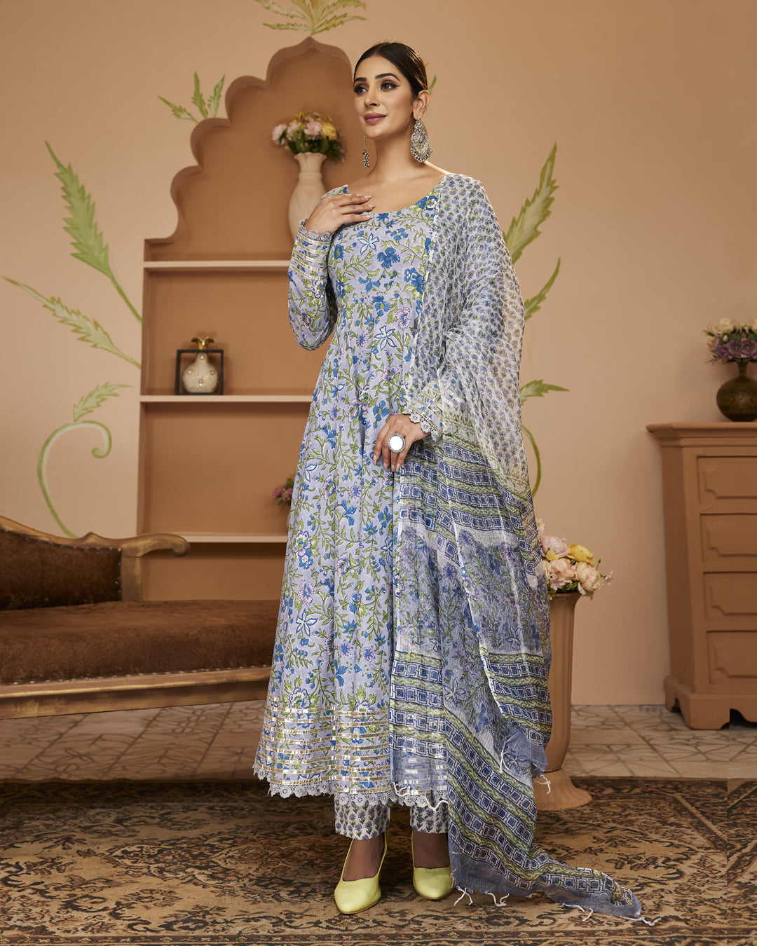 Handblock Floral Printed Blue Anarkali Cotton Kurta With Trousers & Dupatta