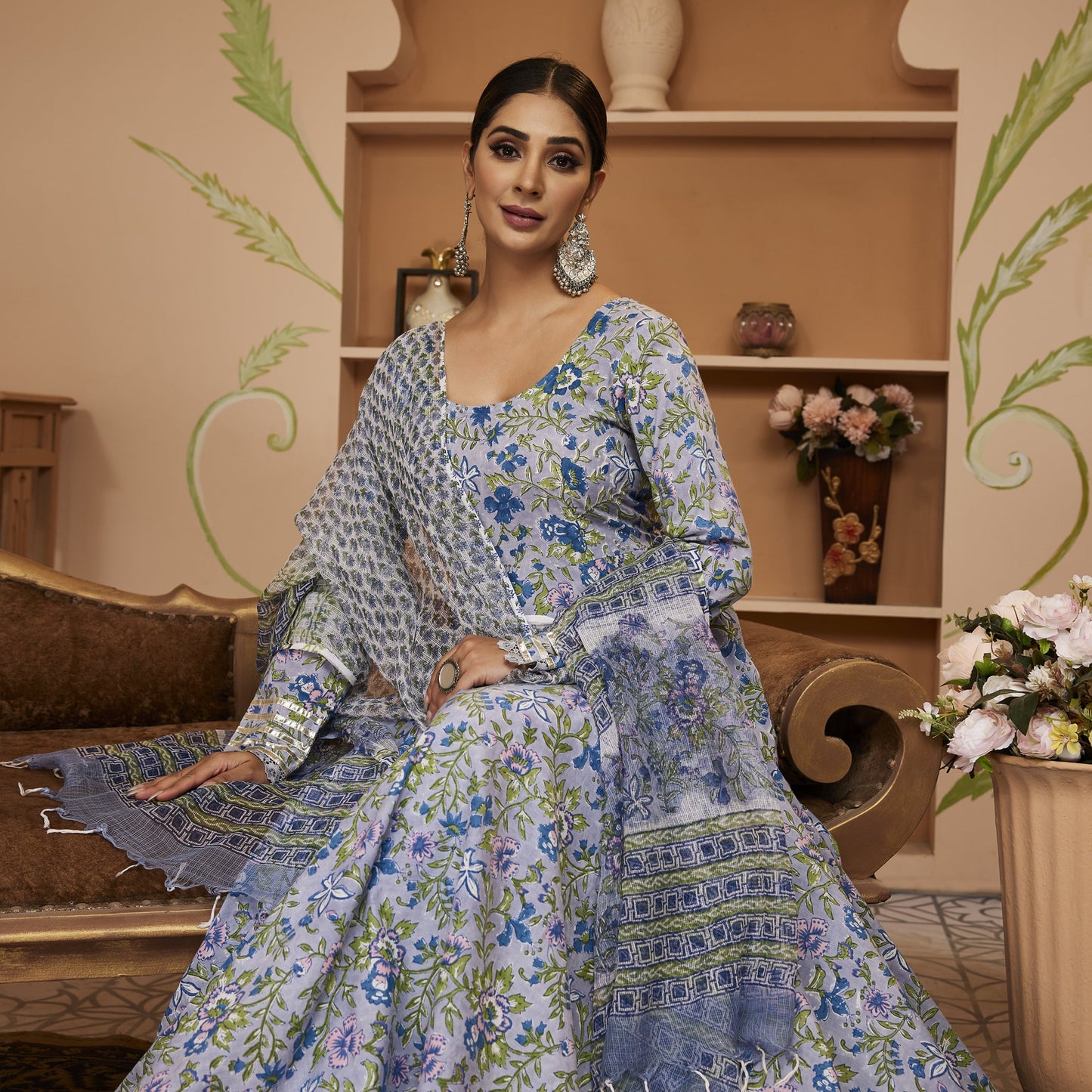 Handblock Floral Printed Blue Anarkali Cotton Kurta With Trousers & Dupatta