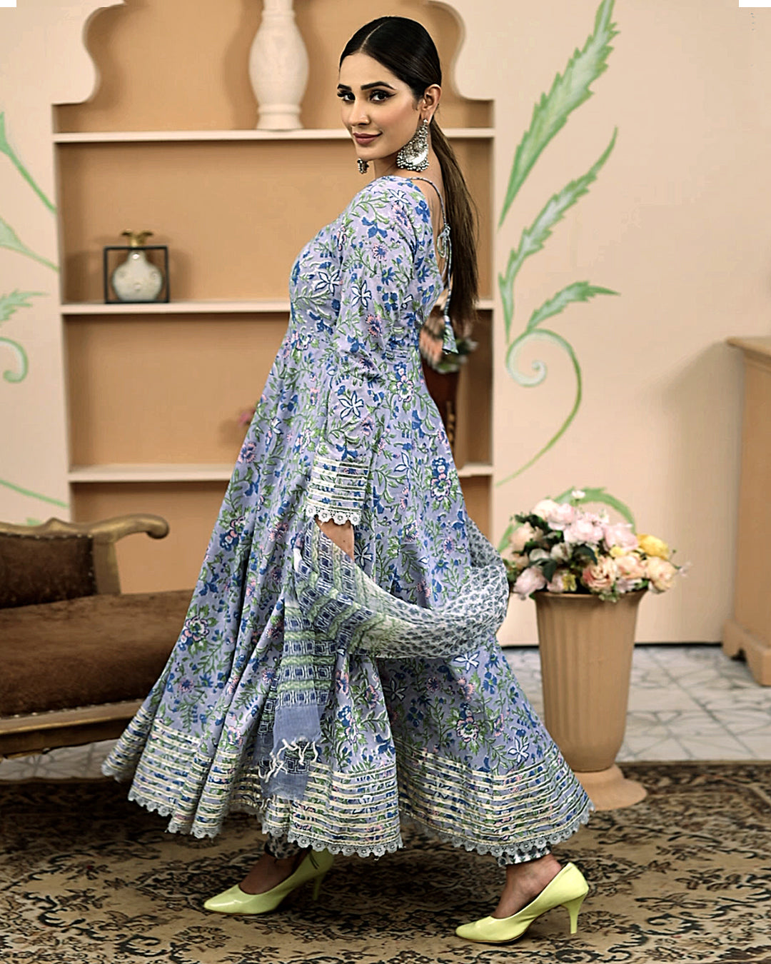 Handblock Floral Printed Blue Anarkali Cotton Kurta With Trousers & Dupatta