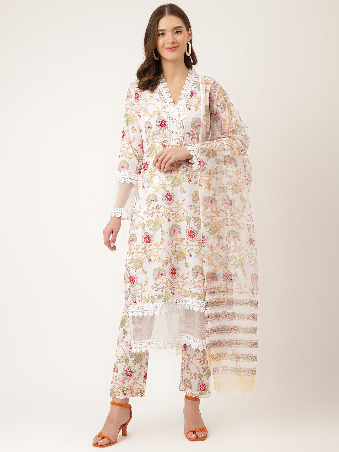 White Hand Block Floral Print Cotton  Kurta, Trouser With Dupatta