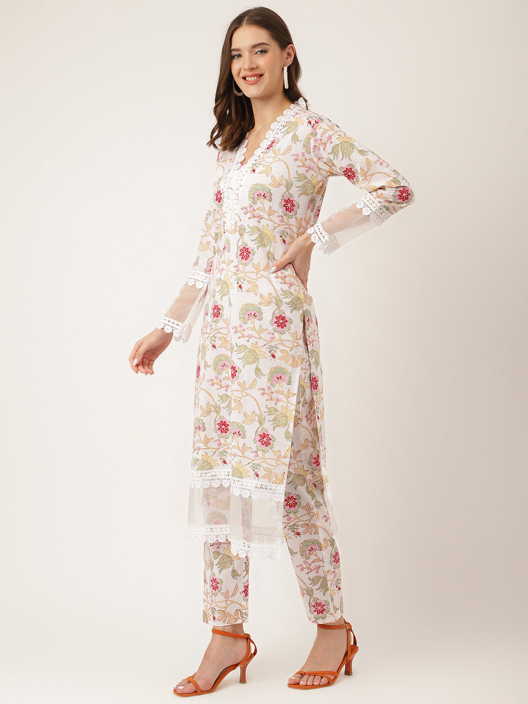 White Hand Block Floral Print Cotton  Kurta, Trouser With Dupatta