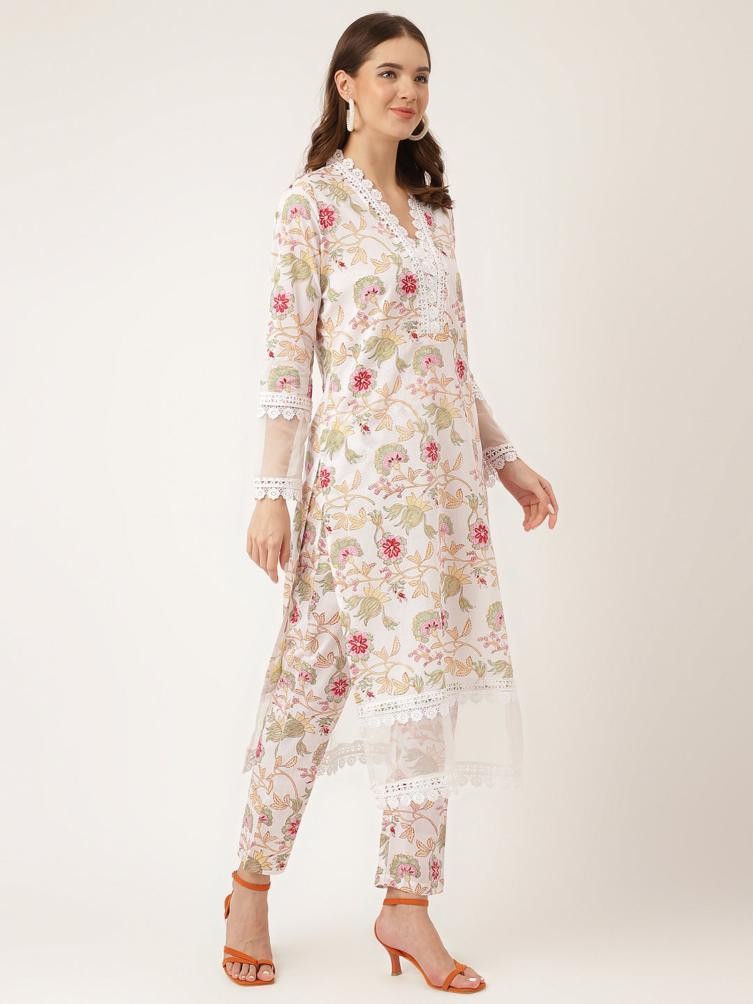 White Hand Block Floral Print Cotton  Kurta, Trouser With Dupatta