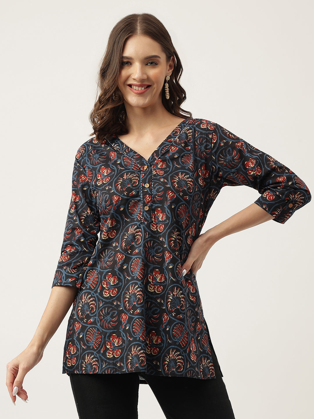 Navy Blue Floral Printed Cotton Peplum V-Neck Top