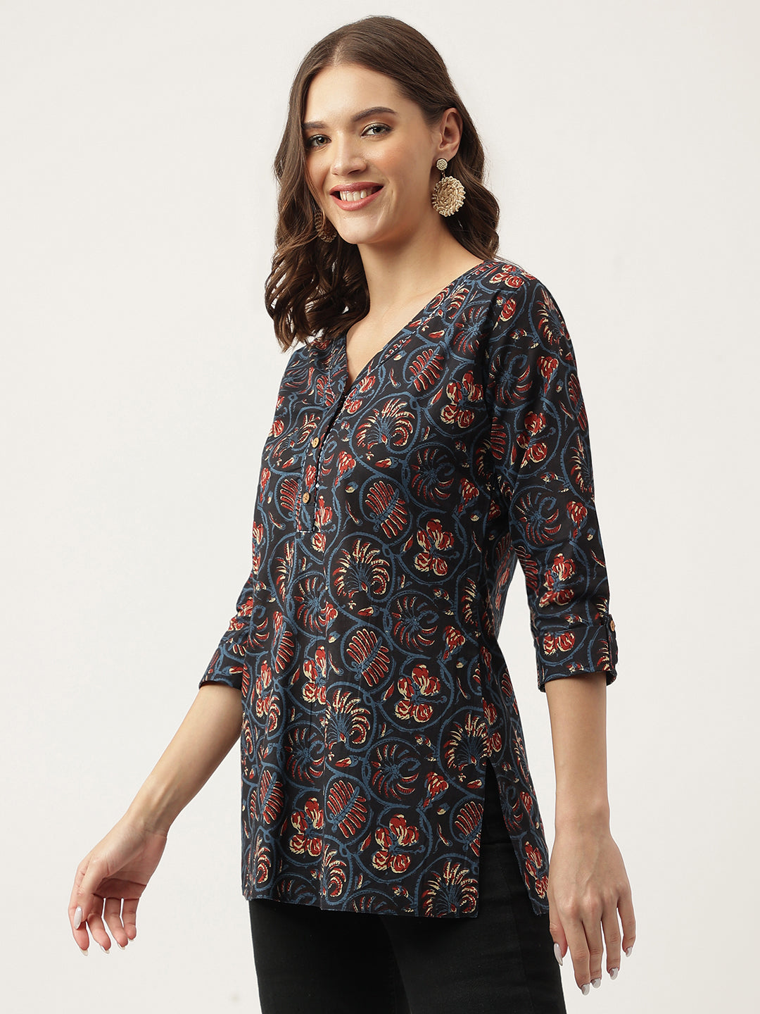 Navy Blue Floral Printed Cotton Peplum V-Neck Top