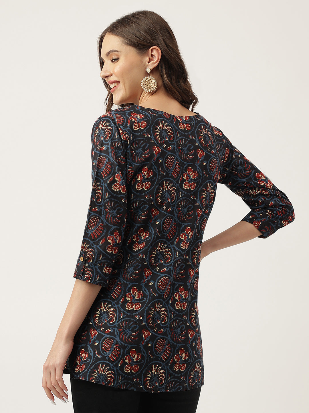 Navy Blue Floral Printed Cotton Peplum V-Neck Top