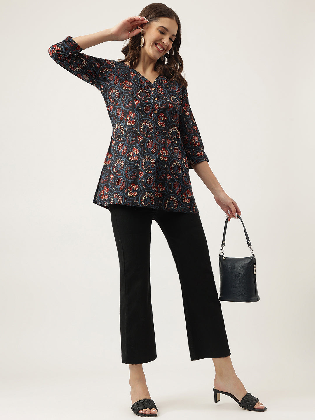 Navy Blue Floral Printed Cotton Peplum V-Neck Top