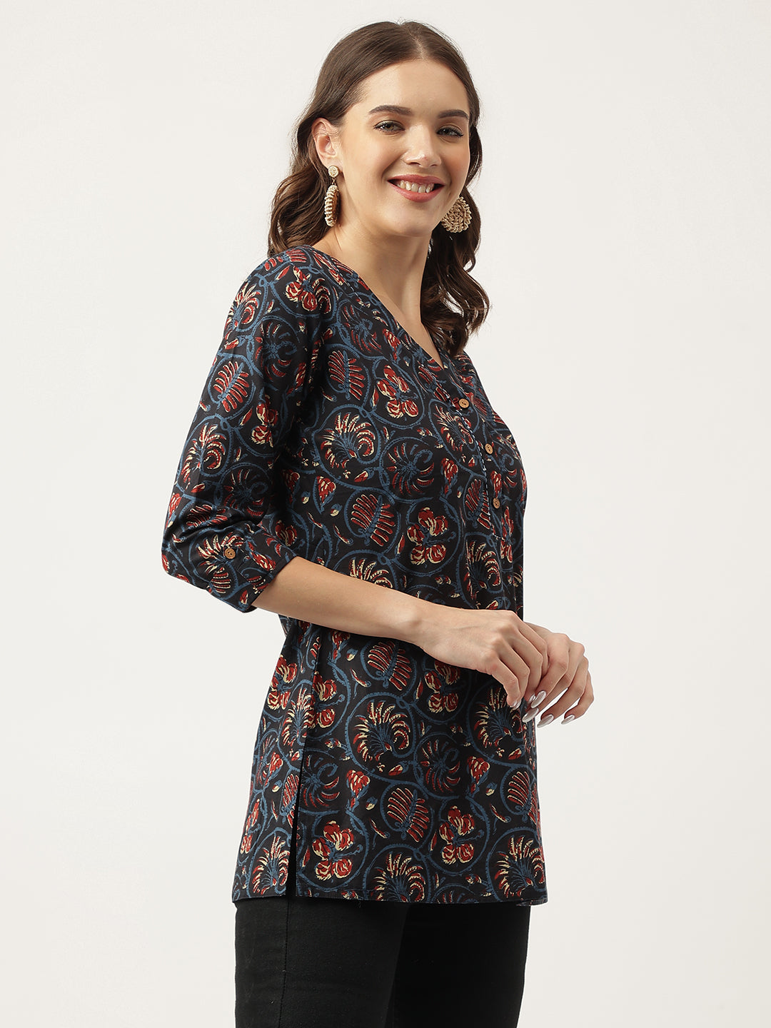 Navy Blue Floral Printed Cotton Peplum V-Neck Top