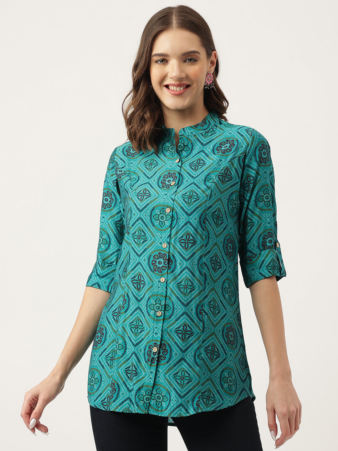 Turquoise Blue Printed Muslin Fold Sleeve top