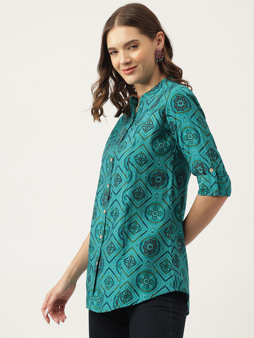 Turquoise Blue Printed Muslin Fold Sleeve top