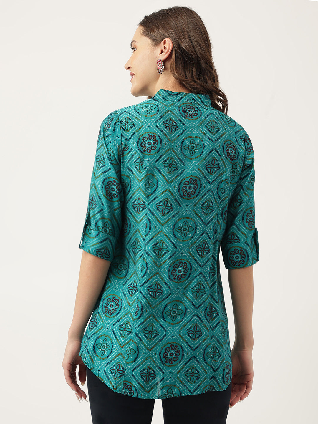 Turquoise Blue Printed Muslin Fold Sleeve top