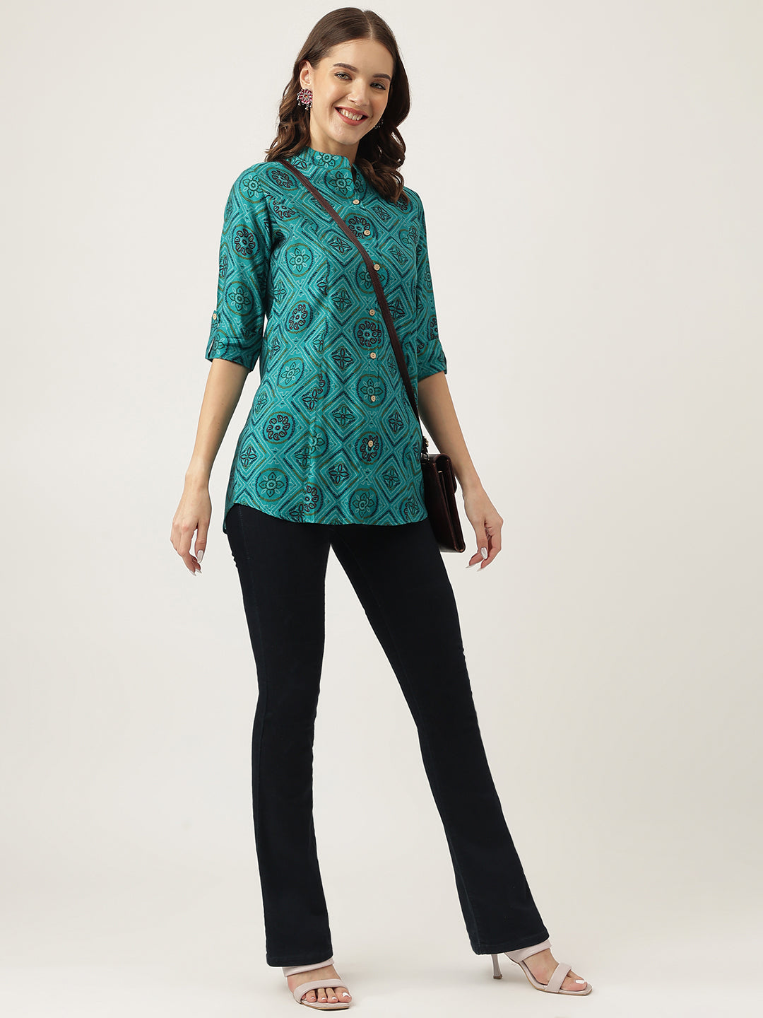 Turquoise Blue Printed Muslin Fold Sleeve top