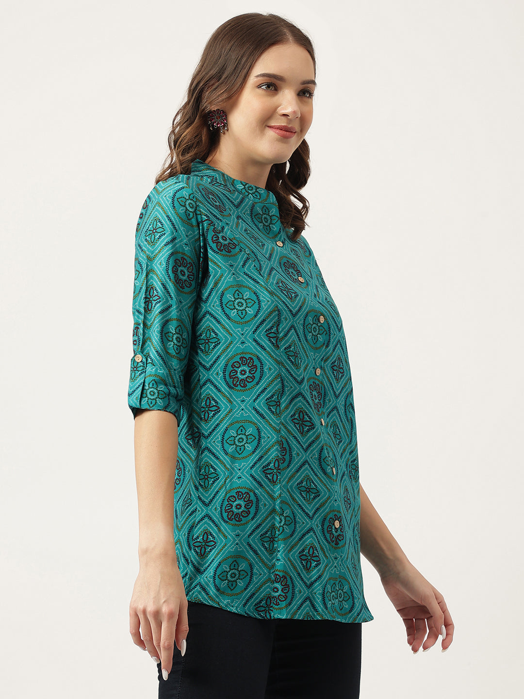 Turquoise Blue Printed Muslin Fold Sleeve top