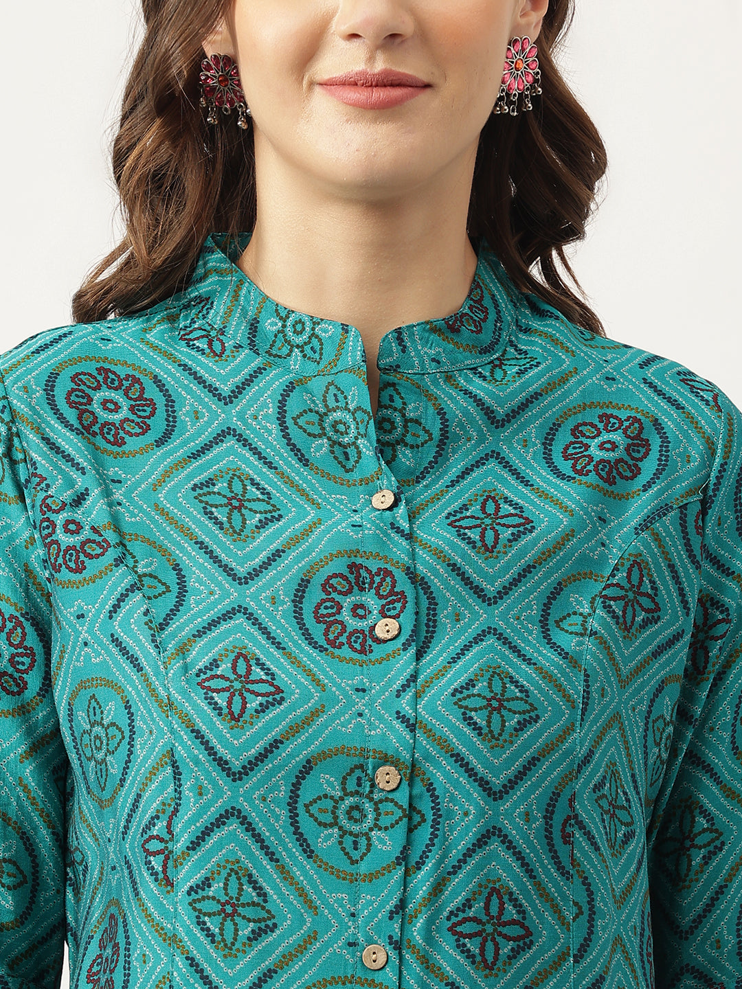 Turquoise Blue Printed Muslin Fold Sleeve top